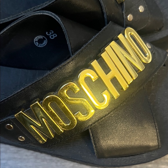 Moschino Black Logo Slide Sandals Gold MOSCHINO Hardware Designer Platform Slide - Picture 9 of 12